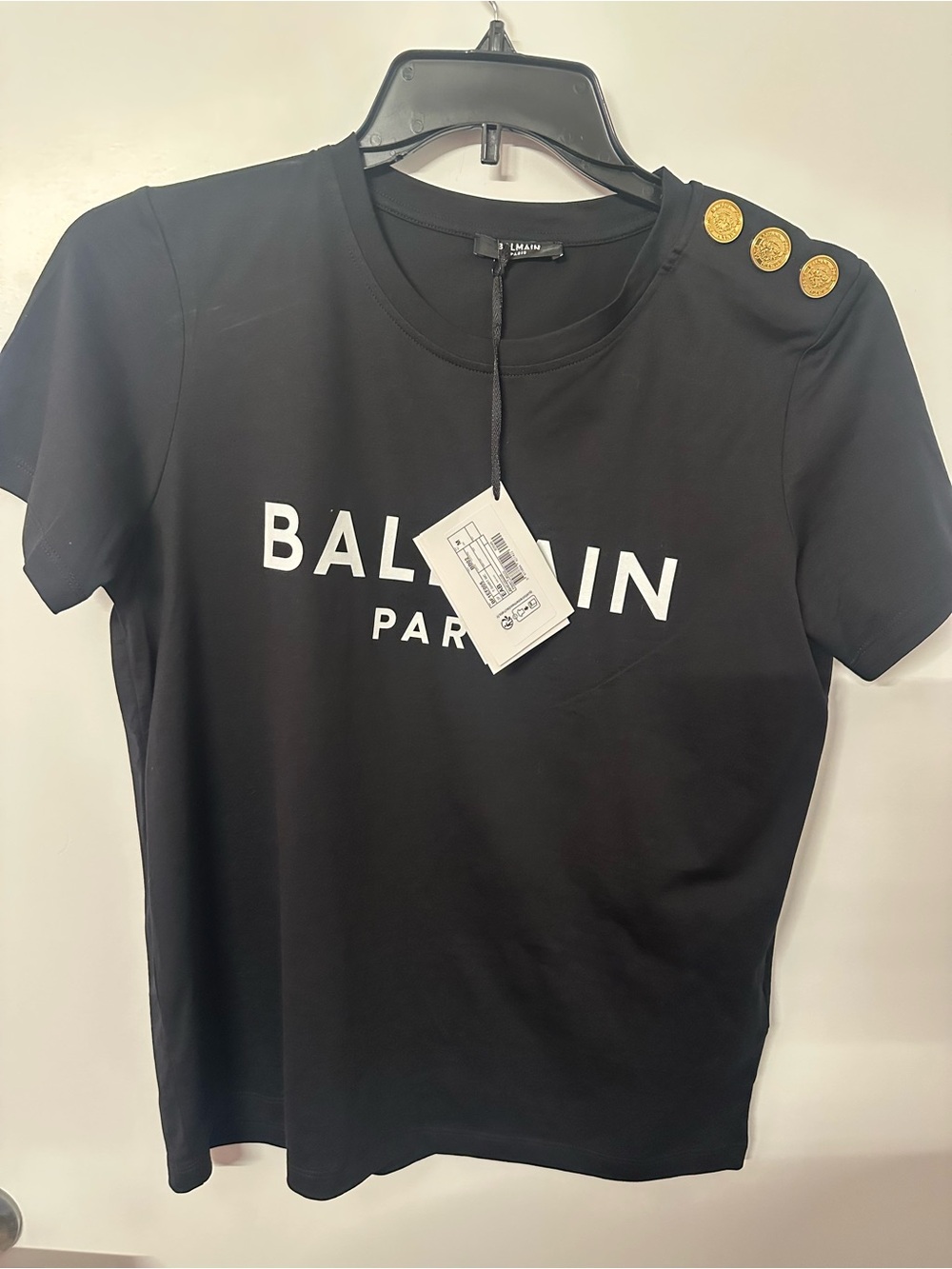 $340! Balmain Women’s Medium Black Logo Gold Button Relaxed T-Shirt. Free Ship
